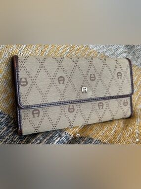 Etienne Aigner Beige and Brown Monogram Long Wallet